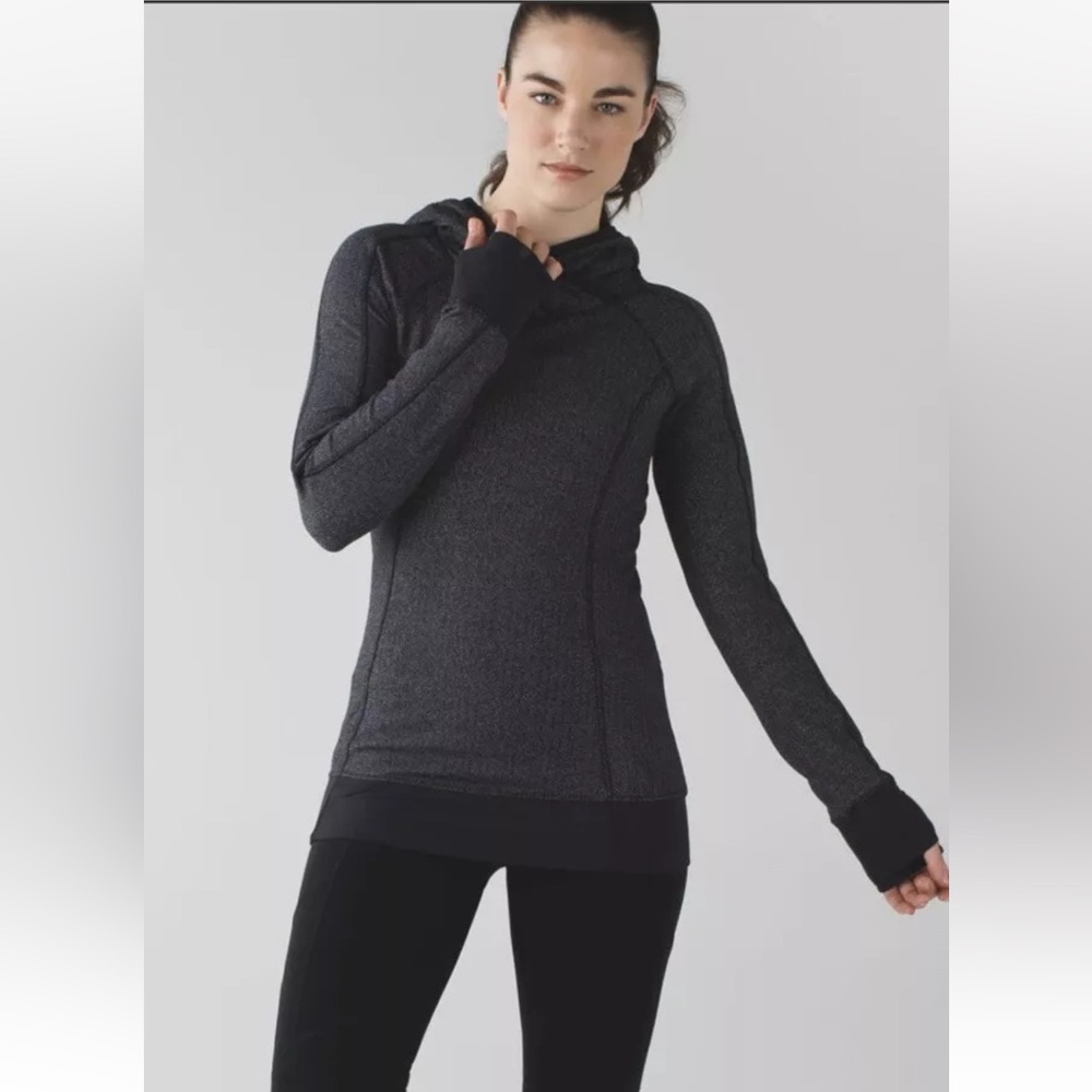 Lululemon Think Fast Pullover Hoodie Size 4 Long Sleeve Black Gray Herringbone